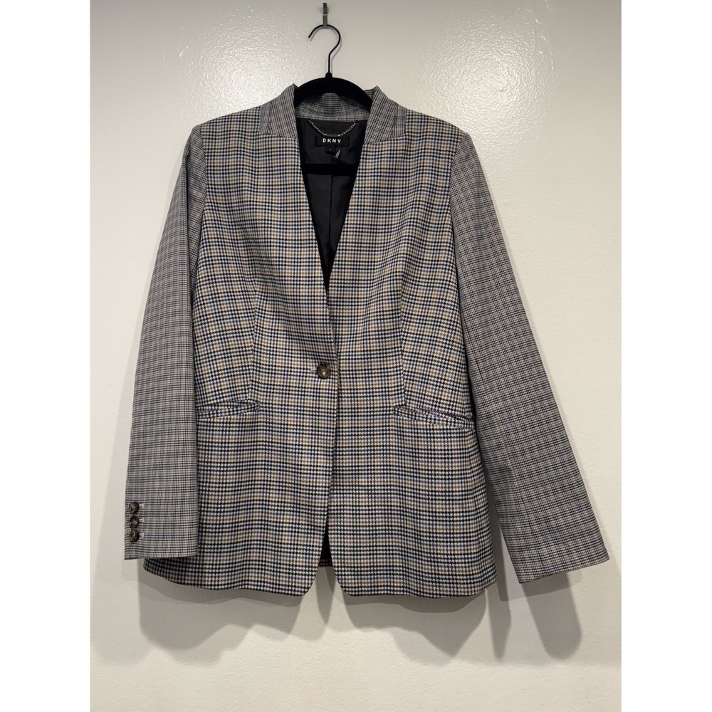 DKNY Plaid One Button Blazer Womens Size 6 Blue Beige Preppy Academia Classic